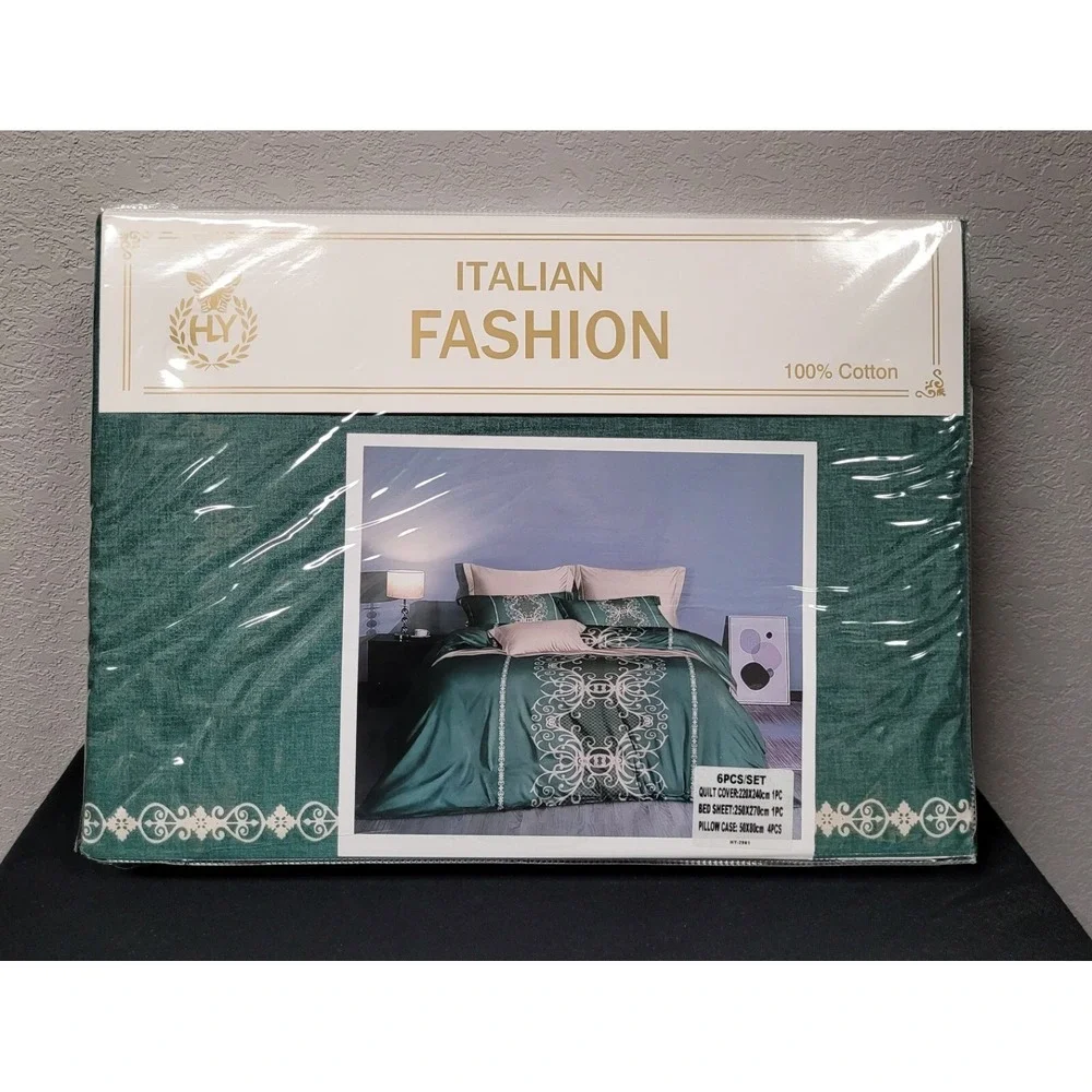 Italian Fashion Queen Size Duvet Cover Set 6 Pc Design #HY-2901 Green